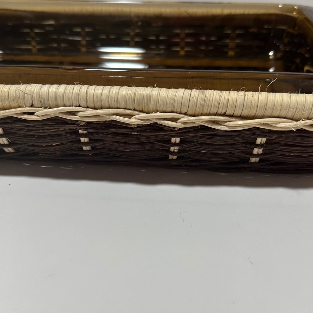 Vintage Pyrex Rectangular Amber Glass Baking Dish 232-N w/ Wicker Basket Carrier - Picture 7 of 13